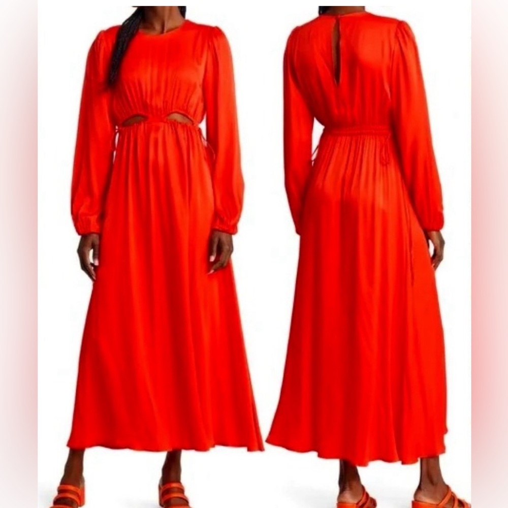 NWOT Farm Rio Maxi Farm Rio Ruched Cutout Long Sleeve Satin Maxi Dress, Size L